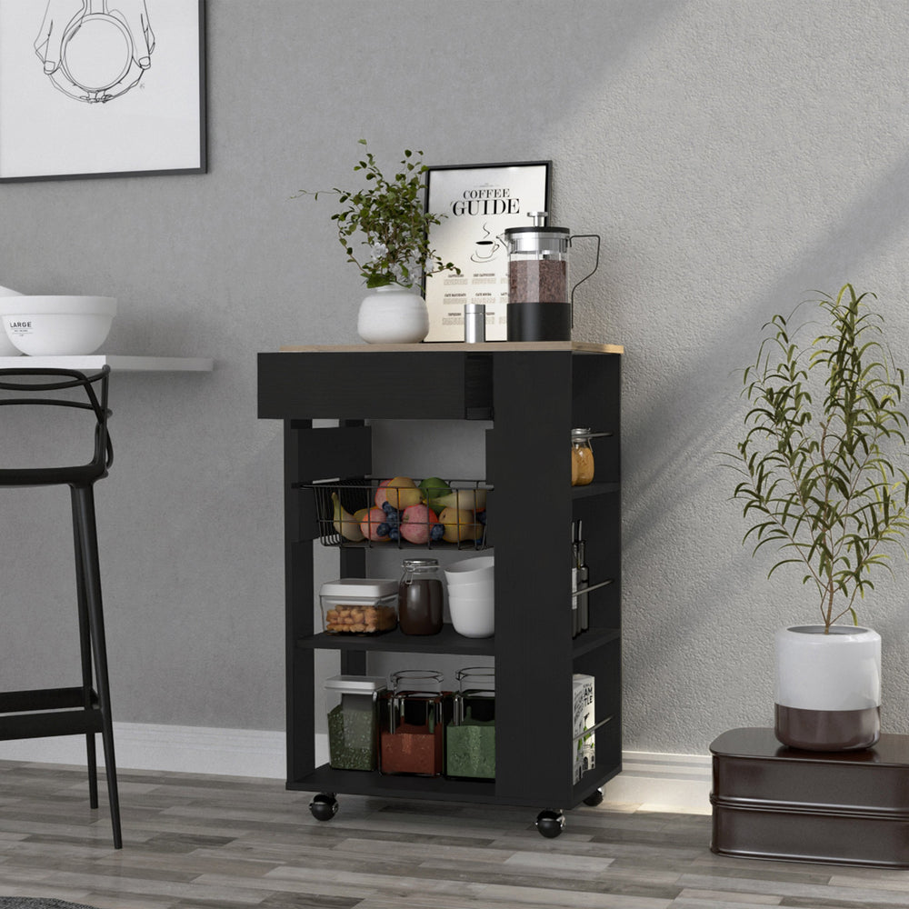 English Elm Kitchen Cart Sonex Black & Light Oak – Compact Mobile Kitchen Island with Drawer, Rack, Shelves & Casters B092S00124
