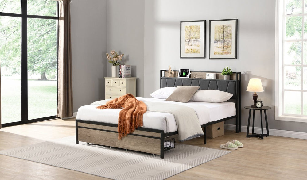 English Elm Queen Upholstered Platform Bed Steel Frame Usb Charging Under Bed Storage Modern W311133402