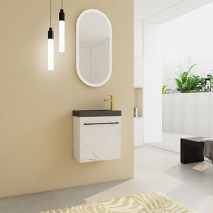 English Elm 20'' Floating Wall-Mounted Vanity with Resin Sink, Soft-Close Door & Open Shelves for Compact Baths White+Black W999P143207