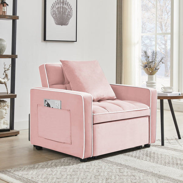 English Elm Three-in-one velvet sofa bed chair convertible recliner ottoman sleeper with tufted luxury comfort and support Pink W1359137401