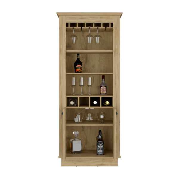 English Elm Bar Cabinet Provo Macadamia Beige – Elegant Living Room Wine Display with 4 Racks, Stemware & Shelves B092S00165