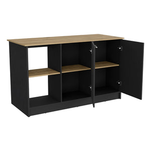 English Elm Kitchen Island Padua 59" Worktop Black/Macadamia with Open Shelves, Double-Door Cabinet Storage and Durable Finish B092S00170