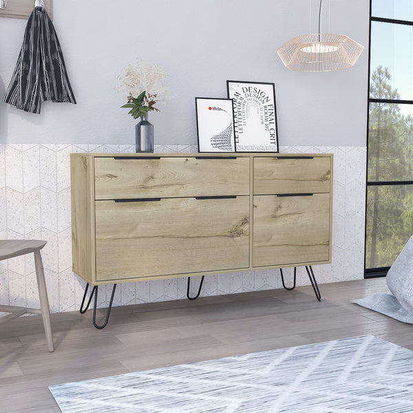 English Elm Double Dresser Skyoner Light Oak - 4 Drawers, Hairpin Legs, Durable Particle Board, Easy Assembly B092S00123