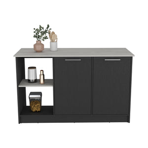 English Elm Kitchen Island Padua 59" Countertop onyx & black finish with open shelves, double-door storage, durable design B092S00171