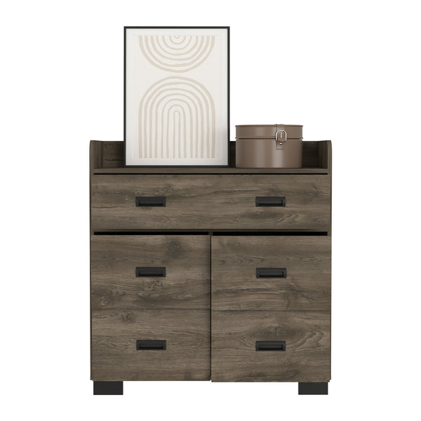 English Elm Dresser Wuuman Dark Brown - 5-Drawer Bedroom Storage, Particle Board, Durable Top, 33.5"W x 35.4"H B092S00147