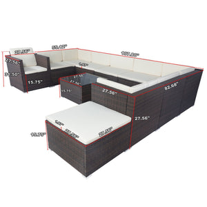 English Elm 11 Piece Patio Wicker Conversation Set with 10 Seats, Modular Layout, 3 Under-Seat Storage Boxes, Brown Wicker White Cushions W329S00047