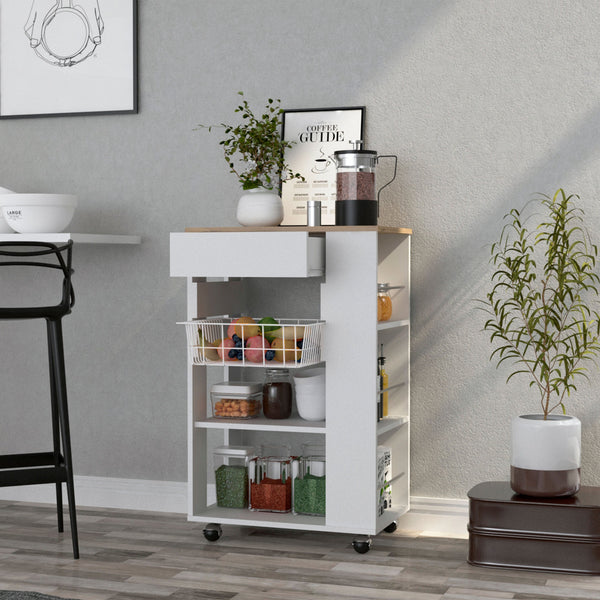 English Elm Kitchen Cart Sonex White & Light Oak — Mobile Kitchen Storage with Drawer, Two Shelves, Rack, Casters, Durable Particleboard (16x14x5) B092S00125