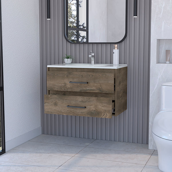 English Elm Wall Mounted Bathroom Vanity Alma - Dark Brown/White Wall-Mount Sink Cabinet with Two Drawers, Durable Particleboard Storage (36"x22") B092S00159
