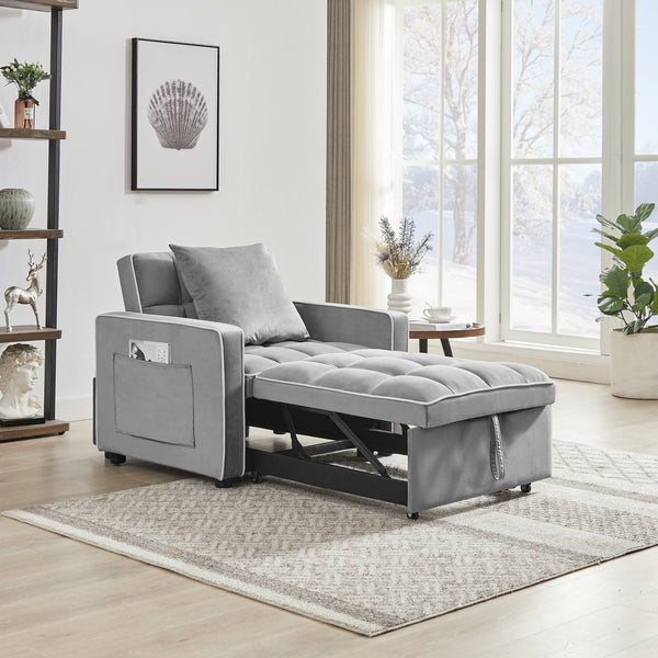 English Elm Three-in-one velvet sofa bed chair convertible recliner ottoman sleeper with tufted luxury comfort and support Grey W1359137376