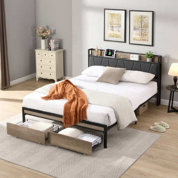 English Elm Queen Upholstered Platform Bed Steel Frame Usb Charging Under Bed Storage Modern W311133402