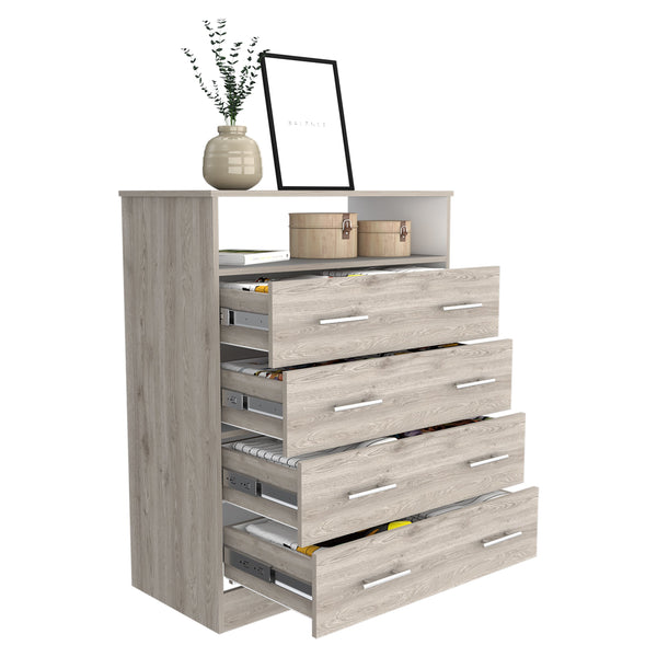 English Elm Four Drawer Wuju Dresser in Light Gray White – 4-Drawer Bedroom Chest with Open Shelf, Metal Hardware, Durable Particleboard Storage B092S00145