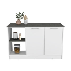 English Elm Kitchen Island Padua Solid Particle Board 59" Countertop 2 Open Shelves + Double-Door Cabinet, Onyx B092S00163