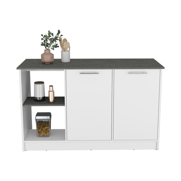 English Elm Kitchen Island Padua Solid Particle Board 59" Countertop 2 Open Shelves + Double-Door Cabinet, Onyx B092S00163