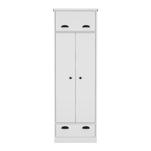 English Elm Armoire Dumas Slim White Bedroom Wardrobe with Hanging Rod, Top-Hinged and Lower Drawers for Space-Saving Storage B092S00157