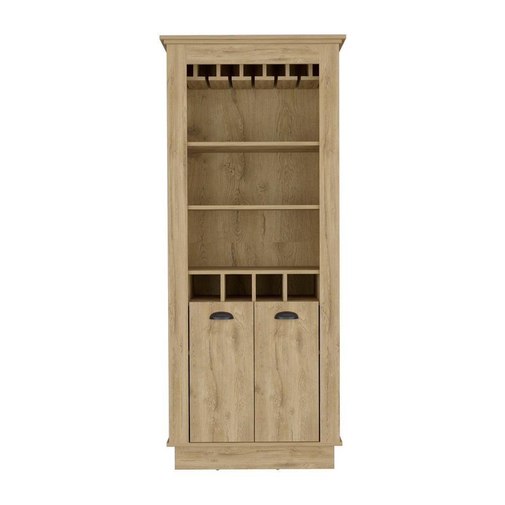 English Elm Bar Cabinet Provo Macadamia Beige – Elegant Living Room Wine Display with 4 Racks, Stemware & Shelves B092S00165