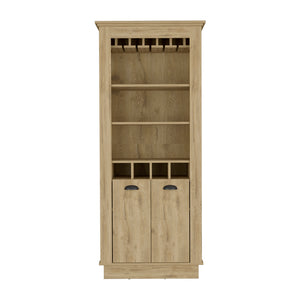 English Elm Bar Cabinet Provo Macadamia Beige – Elegant Living Room Wine Display with 4 Racks, Stemware & Shelves B092S00165