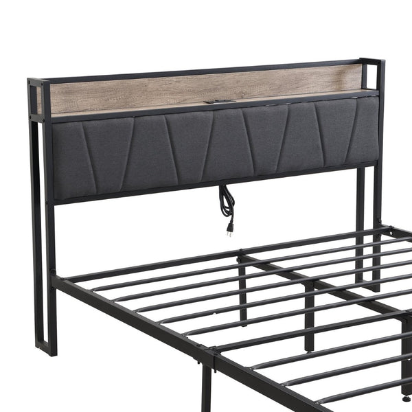 English Elm Queen Upholstered Platform Bed Steel Frame Usb Charging Under Bed Storage Modern W311133402