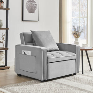 English Elm Three-in-one velvet sofa bed chair convertible recliner ottoman sleeper with tufted luxury comfort and support Grey W1359137376