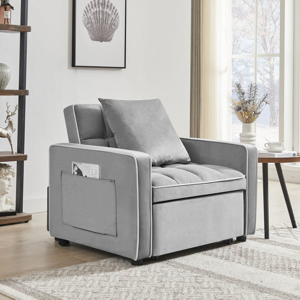 English Elm Three-in-one velvet sofa bed chair convertible recliner ottoman sleeper with tufted luxury comfort and support Grey W1359137376