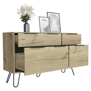 English Elm Double Dresser Skyoner Light Oak - 4 Drawers, Hairpin Legs, Durable Particle Board, Easy Assembly B092S00123