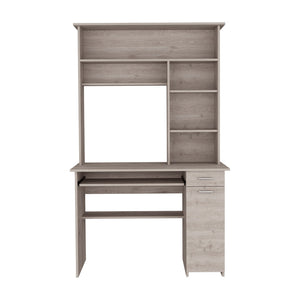 English Elm Computer Desk Acequia Light Gray with Hutch, Spacious Shelves, Durable Particle Board, 43.3"W Surface B092S00139