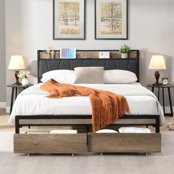 English Elm Full Size Upholstered Platform Bed Steel Frame Usb Port and Under Storage Bedroom W311133404