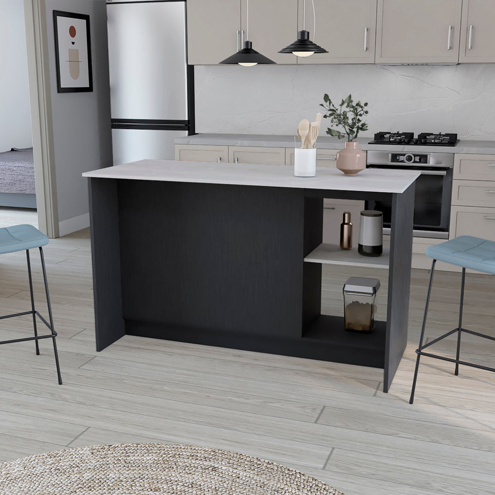English Elm Kitchen Island Padua 59" Countertop onyx & black finish with open shelves, double-door storage, durable design B092S00171