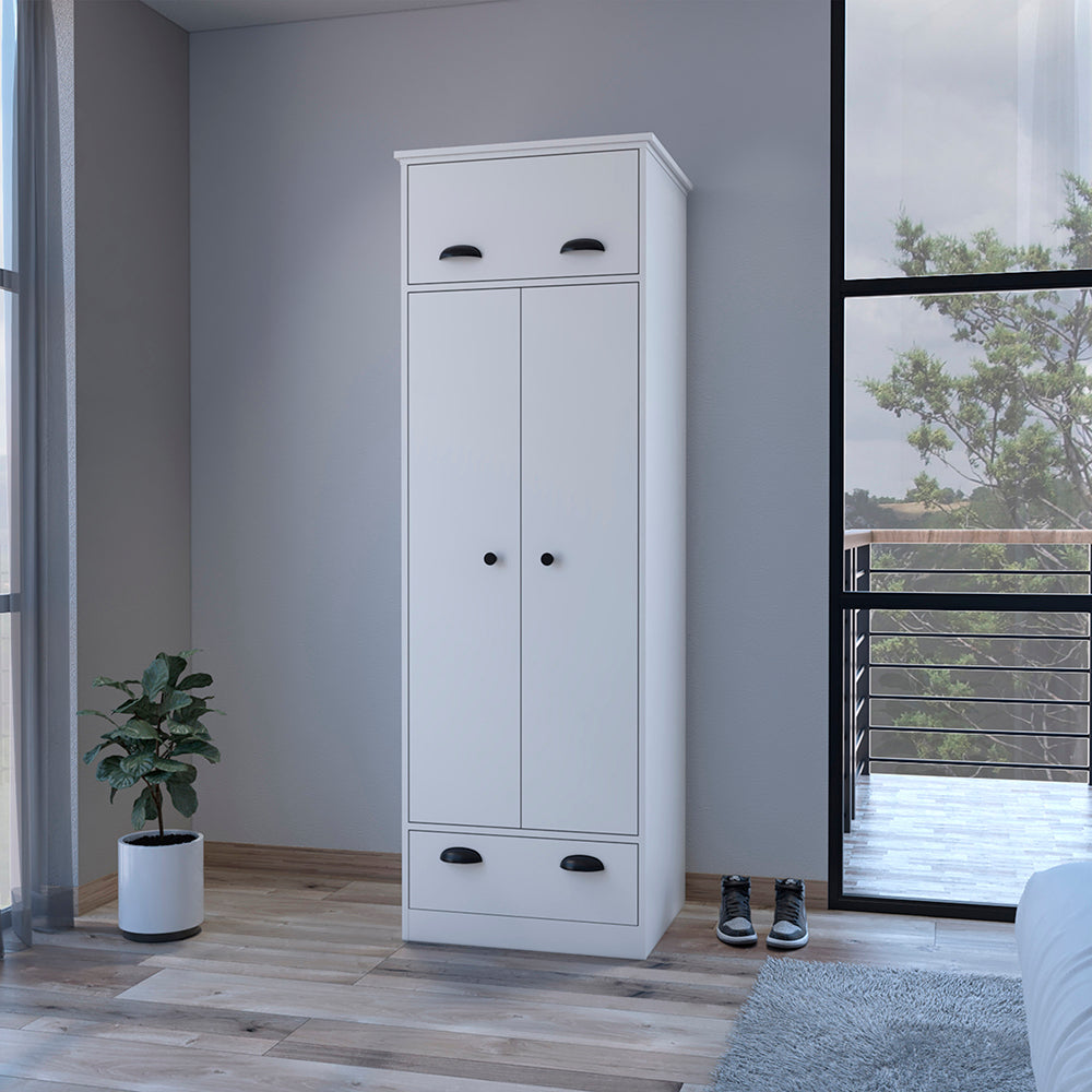 English Elm Armoire Dumas Slim White Bedroom Wardrobe with Hanging Rod, Top-Hinged and Lower Drawers for Space-Saving Storage B092S00157