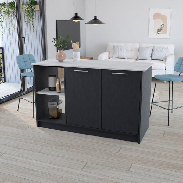 English Elm Kitchen Island Padua 59" Countertop onyx & black finish with open shelves, double-door storage, durable design B092S00171