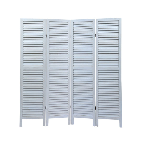 English Elm Sycamore 4-Panel Folding Louvered Room Divider in Old White — Lightweight Sycamore Wood Screen, 63.6" W2181P146770