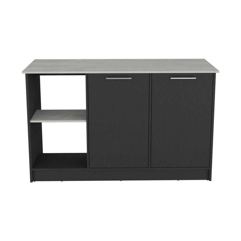 English Elm Kitchen Island Padua 59" Countertop onyx & black finish with open shelves, double-door storage, durable design B092S00171