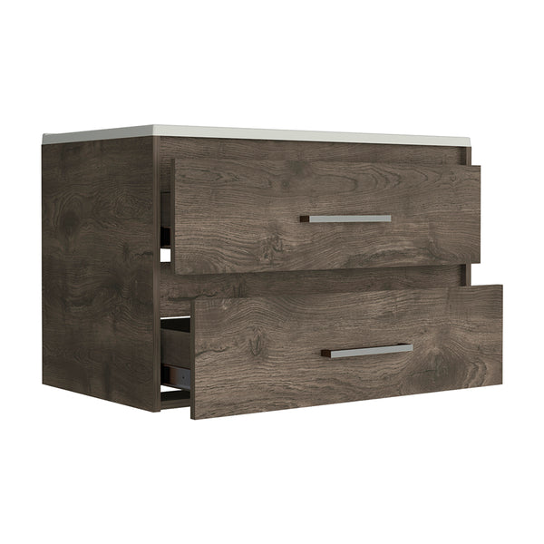 English Elm Wall Mounted Bathroom Vanity Alma - Dark Brown/White Wall-Mount Sink Cabinet with Two Drawers, Durable Particleboard Storage (36"x22") B092S00159