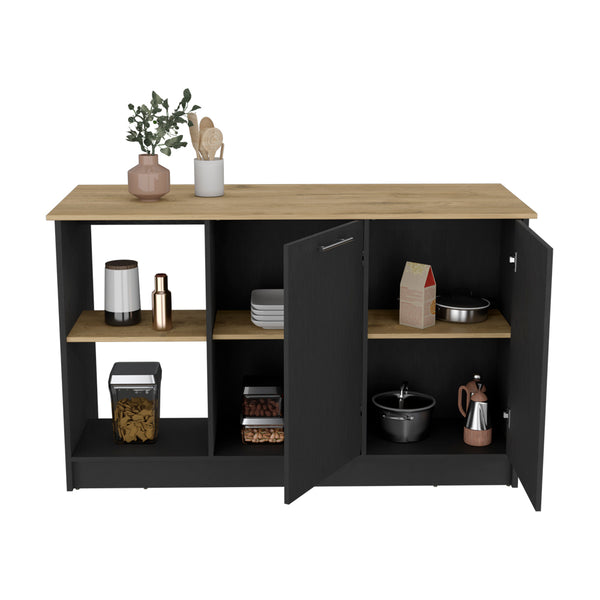 English Elm Kitchen Island Padua 59" Worktop Black/Macadamia with Open Shelves, Double-Door Cabinet Storage and Durable Finish B092S00170
