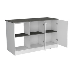 English Elm Kitchen Island Padua Solid Particle Board 59" Countertop 2 Open Shelves + Double-Door Cabinet, Onyx B092S00163