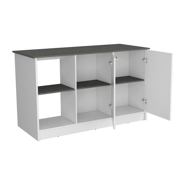 English Elm Kitchen Island Padua Solid Particle Board 59" Countertop 2 Open Shelves + Double-Door Cabinet, Onyx B092S00163