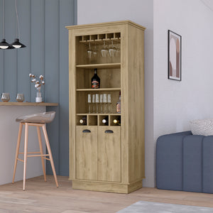 English Elm Bar Cabinet Provo Macadamia Beige – Elegant Living Room Wine Display with 4 Racks, Stemware & Shelves B092S00165