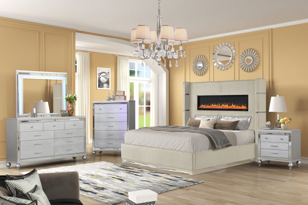 English Elm LIZZELLE Queen 5PC Bedroom Set with Ambient LED Fireplace Display, USB/Bluetooth Speakers, Velvet Upholstery B009S02103