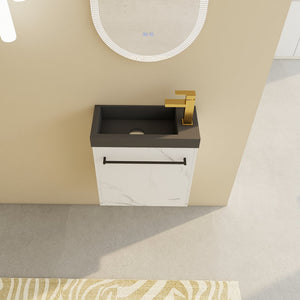 English Elm 20'' Floating Wall-Mounted Vanity with Resin Sink, Soft-Close Door & Open Shelves for Compact Baths White+Black W999P143207
