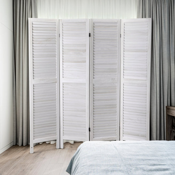 English Elm Sycamore 4-Panel Folding Louvered Room Divider in Old White — Lightweight Sycamore Wood Screen, 63.6" W2181P146770