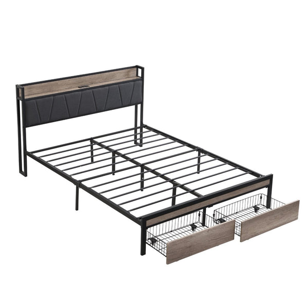 English Elm Queen Upholstered Platform Bed Steel Frame Usb Charging Under Bed Storage Modern W311133402