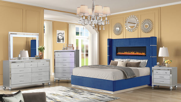English Elm Modern Lizelle King 5PC Bedroom Set with Velvet Upholstery, Built-In Fireplace Display, USB/Bluetooth Speakers and Ample Storage B009S01245