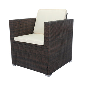 English Elm 11 Piece Patio Wicker Conversation Set with 10 Seats, Modular Layout, 3 Under-Seat Storage Boxes, Brown Wicker White Cushions W329S00047