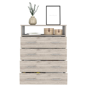 English Elm Four Drawer Wuju Dresser in Light Gray White – 4-Drawer Bedroom Chest with Open Shelf, Metal Hardware, Durable Particleboard Storage B092S00145