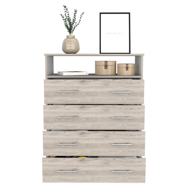 English Elm Four Drawer Wuju Dresser in Light Gray White – 4-Drawer Bedroom Chest with Open Shelf, Metal Hardware, Durable Particleboard Storage B092S00145