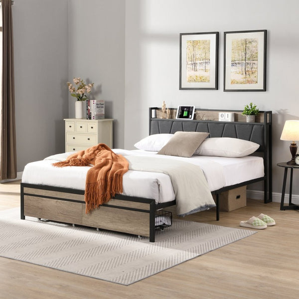 English Elm Full Size Upholstered Platform Bed Steel Frame Usb Port and Under Storage Bedroom W311133404