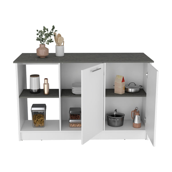 English Elm Kitchen Island Padua Solid Particle Board 59" Countertop 2 Open Shelves + Double-Door Cabinet, Onyx B092S00163