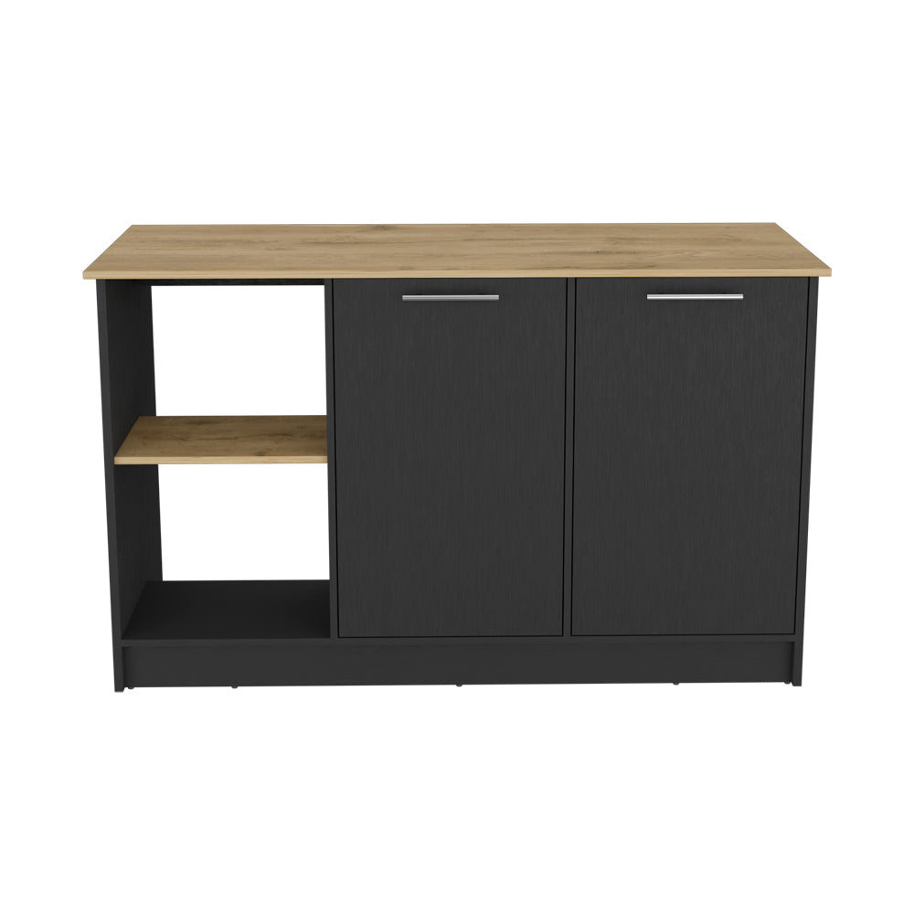 English Elm Kitchen Island Padua 59" Worktop Black/Macadamia with Open Shelves, Double-Door Cabinet Storage and Durable Finish B092S00170