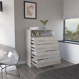 English Elm Four Drawer Wuju Dresser in Light Gray White – 4-Drawer Bedroom Chest with Open Shelf, Metal Hardware, Durable Particleboard Storage B092S00145