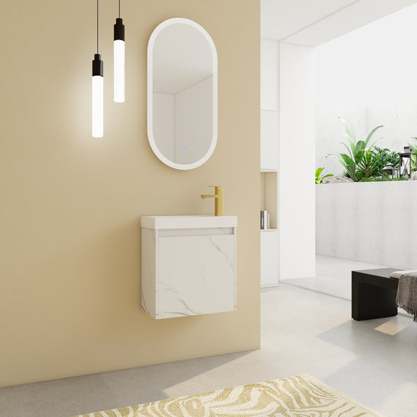 English Elm 20'' Floating Wall-Mounted Vanity with Resin Sink, Soft-Close Door & Open Shelves for Compact Baths White W999P143204