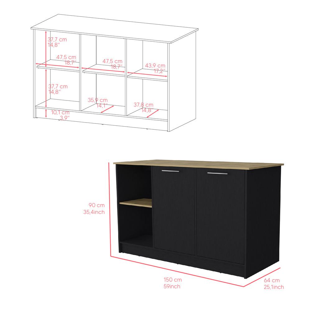 English Elm Kitchen Island Padua 59" Worktop Black/Macadamia with Open Shelves, Double-Door Cabinet Storage and Durable Finish B092S00170